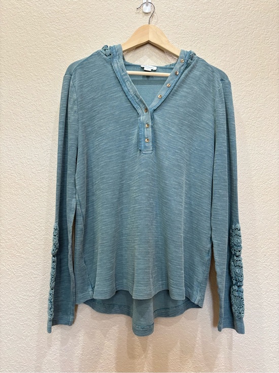 Sundance Tops - Sundance Caitlin Crochet Hoodie Hooded Henley Top Sage/Slate Blue - Large Boho